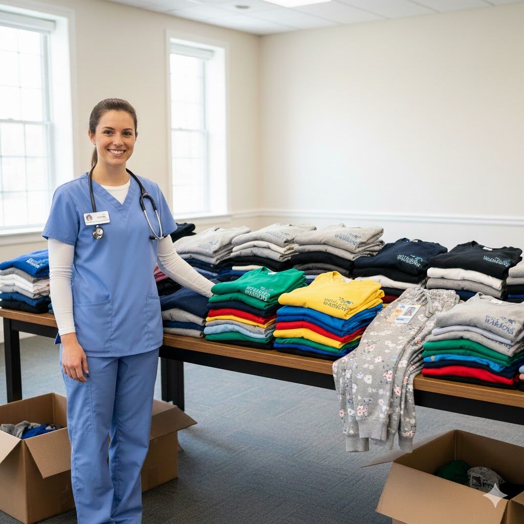 Volunteers organizing clothes in a bright, rustic donation center indoors.